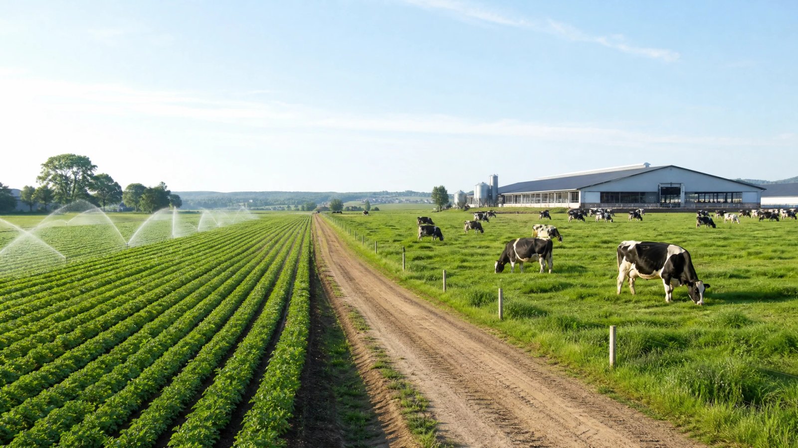 Crop fields and a dairy herd on a mixed farm